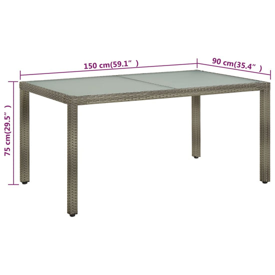 Tuintafel 150x90x75 cm gehard glas en poly rattan grijs MeubelReus