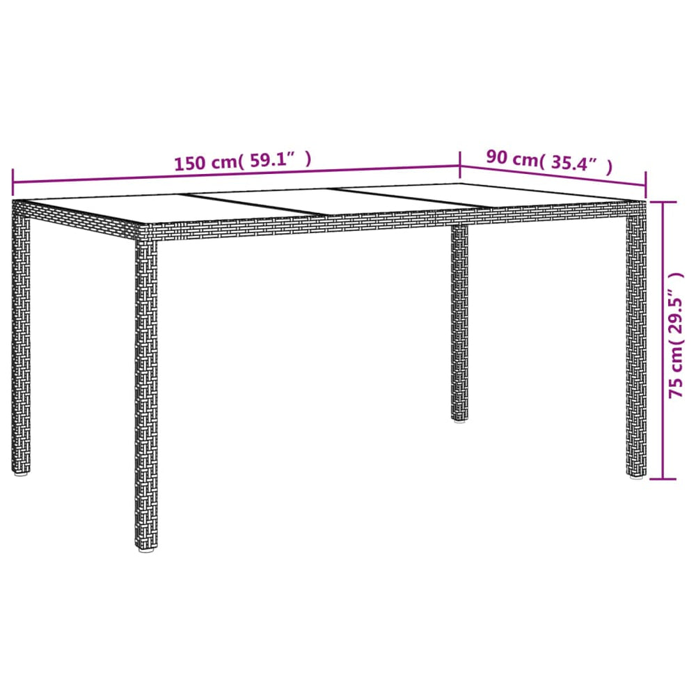 Tuintafel 150x90x75 cm gehard glas en poly rattan grijs MeubelReus