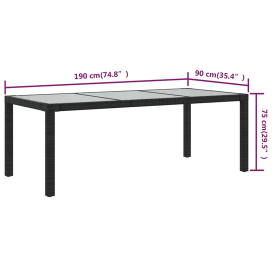 Tuintafel 190x90x75 cm gehard glas en poly rattan black MeubelReus