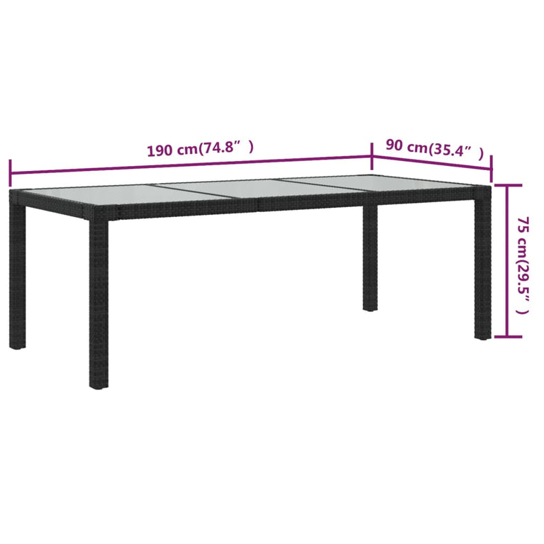 Tuintafel 190x90x75 cm gehard glas en poly rattan black MeubelReus