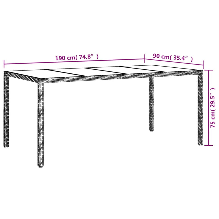 Tuintafel 190x90x75 cm gehard glas en poly rattan grijs MeubelReus