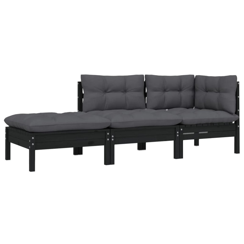 3-delige Loungeset met kussens massief grenenhout zwart MeubelReus