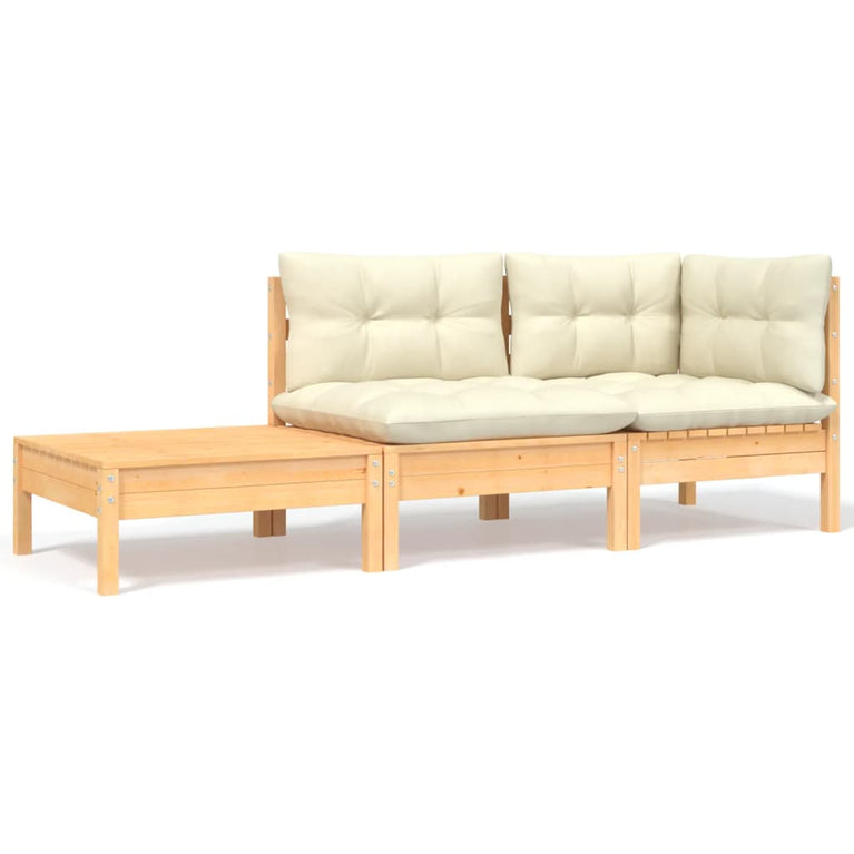 3-delige Loungeset met crèmekleurige kussens massief grenenhout MeubelReus