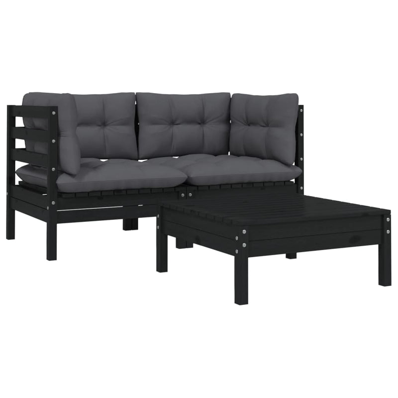 3-delige Loungeset met kussens massief grenenhout zwart MeubelReus