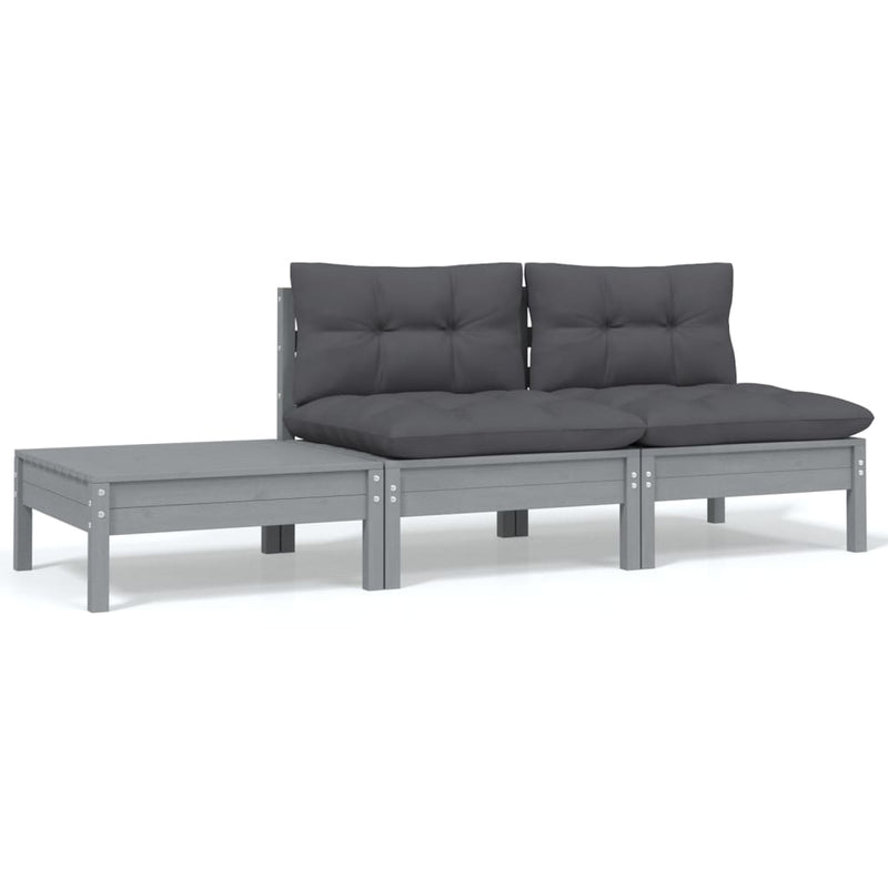 3-delige Loungeset met kussens massief grenenhout grijs MeubelReus