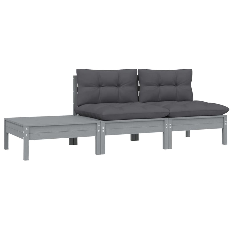 3-delige Loungeset met kussens massief grenenhout grijs MeubelReus