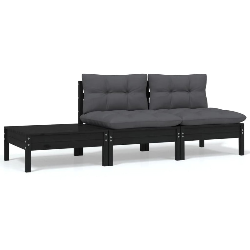 3-delige Loungeset met kussens massief grenenhout zwart MeubelReus