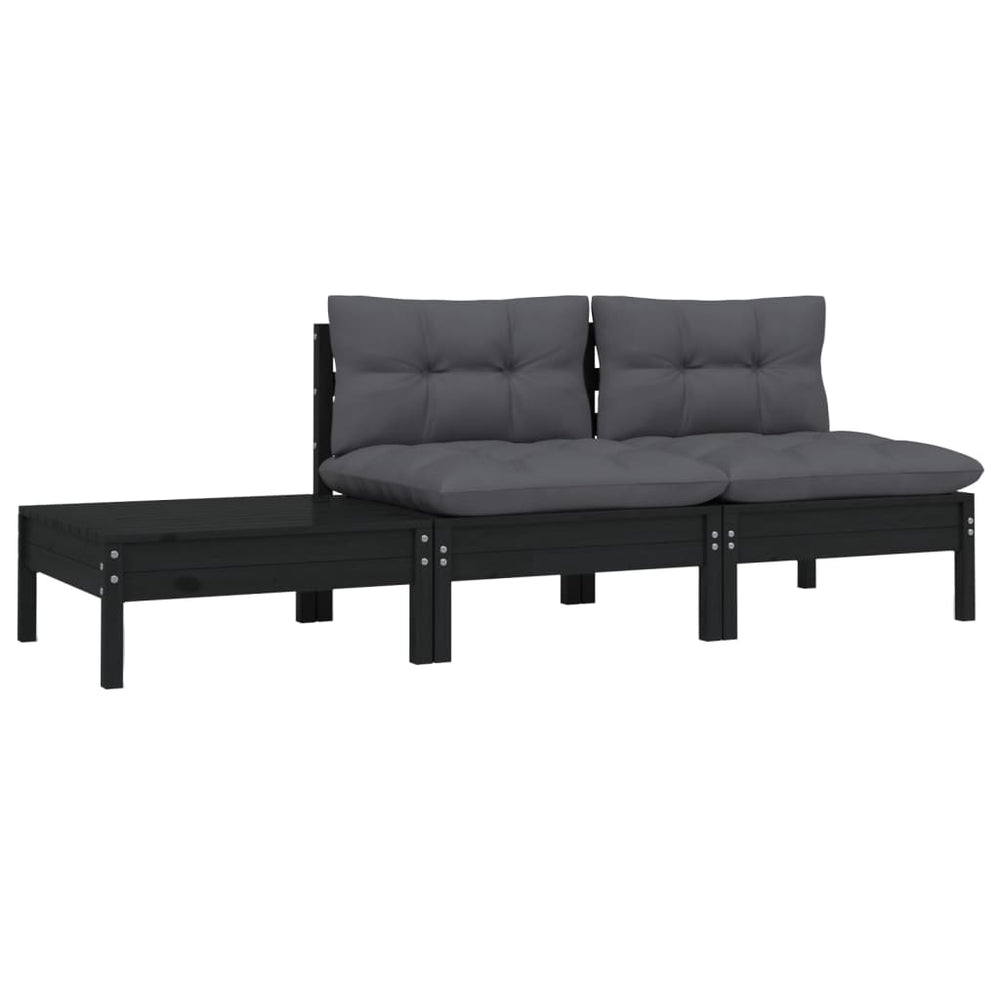 3-delige Loungeset met kussens massief grenenhout zwart MeubelReus
