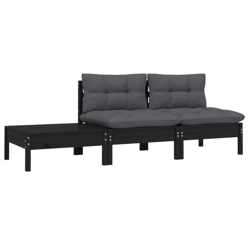 3-delige Loungeset met kussens massief grenenhout zwart MeubelReus