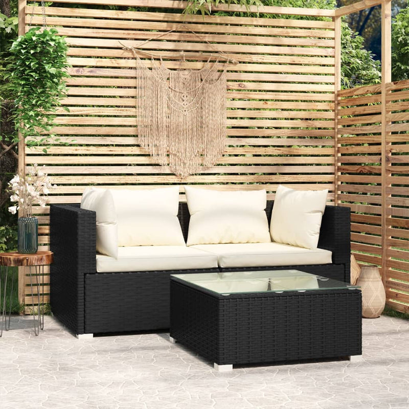 3-delige Loungeset met kussens poly rattan zwart MeubelReus