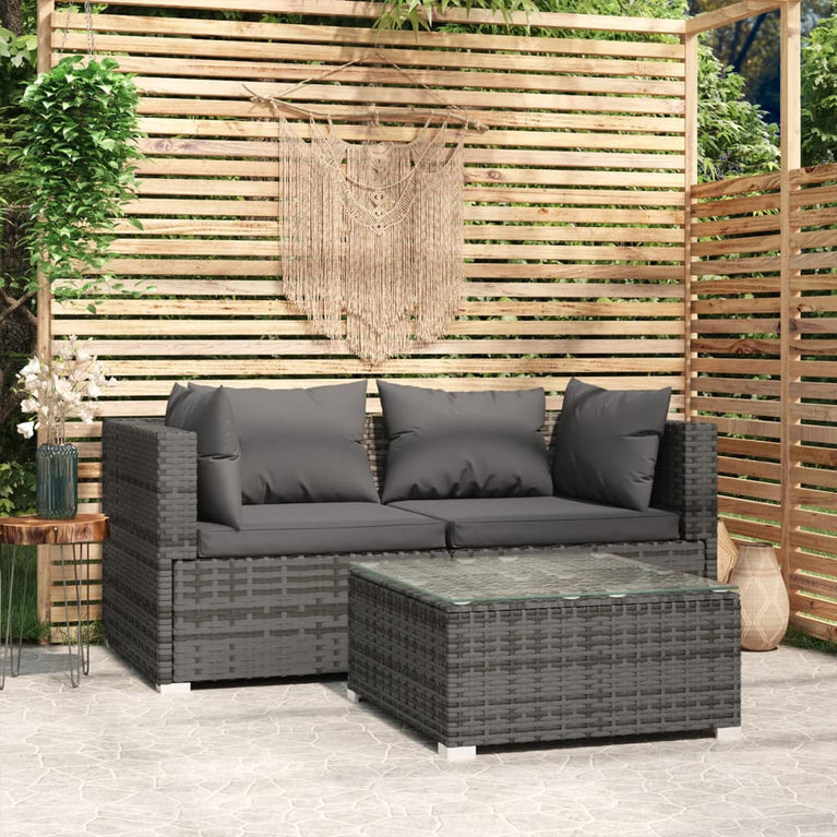 3-delige Loungeset met kussens poly rattan grijs MeubelReus
