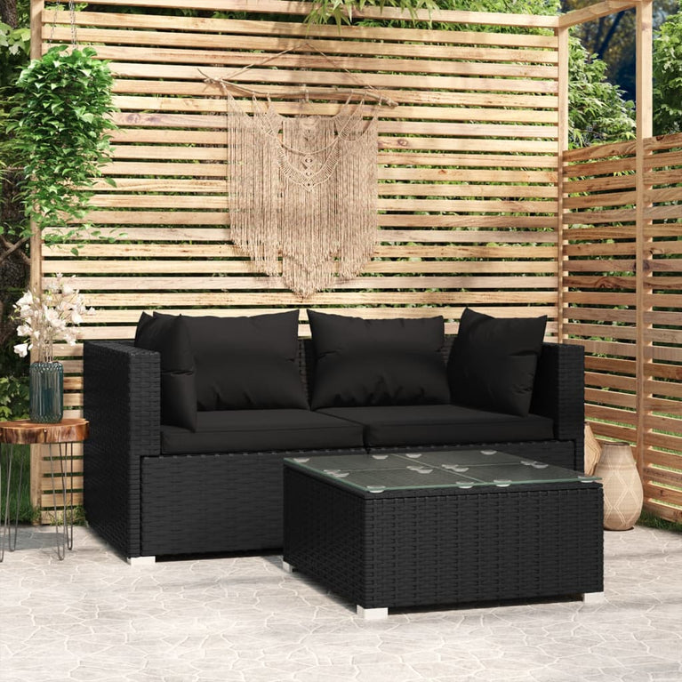 3-delige Loungeset met kussens poly rattan zwart MeubelReus