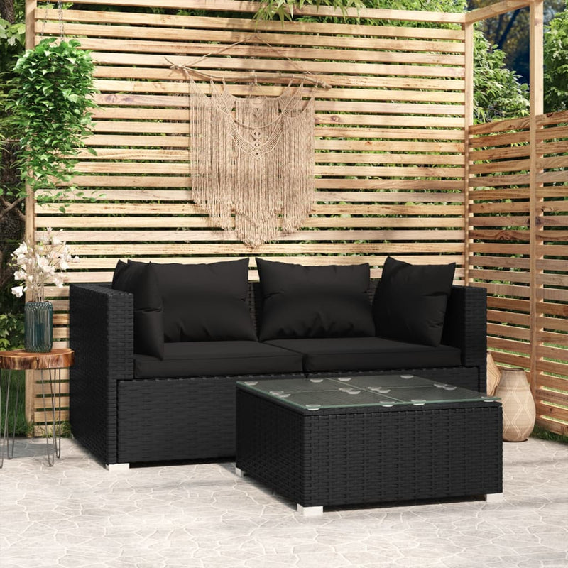 3-delige Loungeset met kussens poly rattan zwart MeubelReus