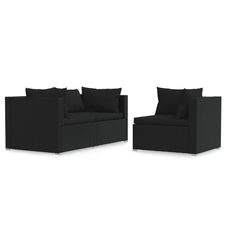 3-delige Loungeset met kussens poly rattan zwart MeubelReus