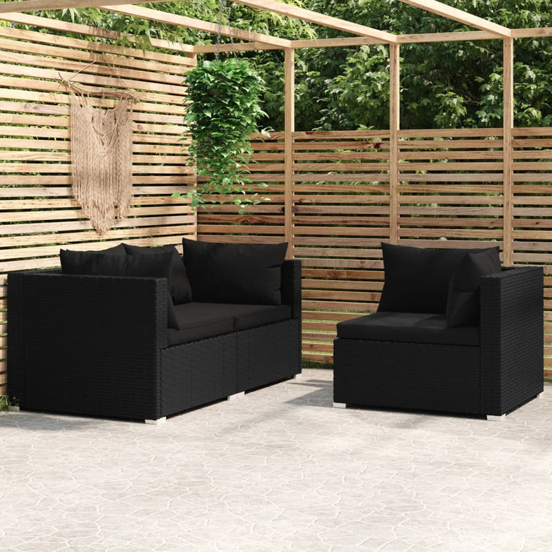 3-delige Loungeset met kussens poly rattan zwart MeubelReus