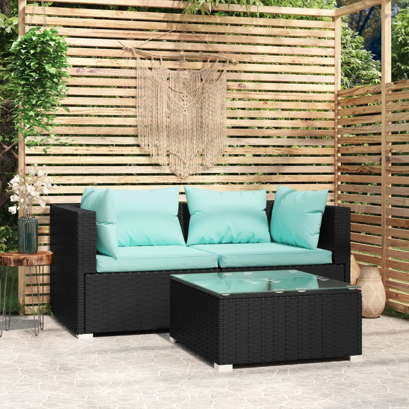 3-delige Loungeset met kussens poly rattan zwart MeubelReus