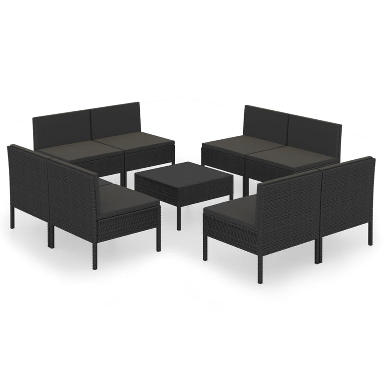 9-delige Loungeset met kussens poly rattan zwart MeubelReus