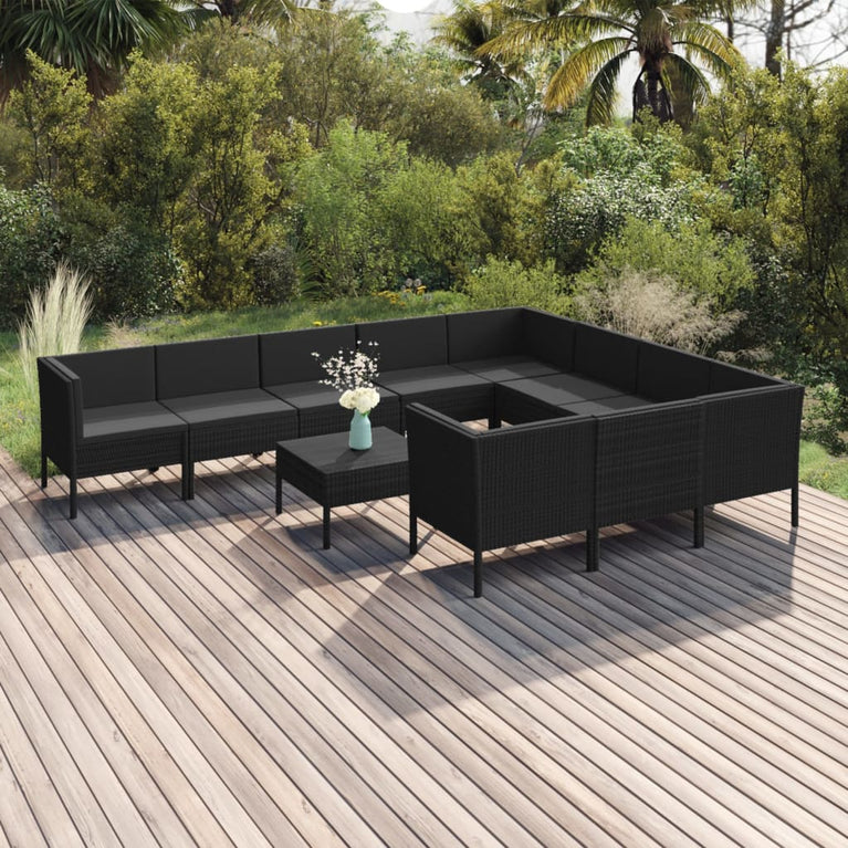 11-delige Loungeset met kussens poly rattan zwart MeubelReus