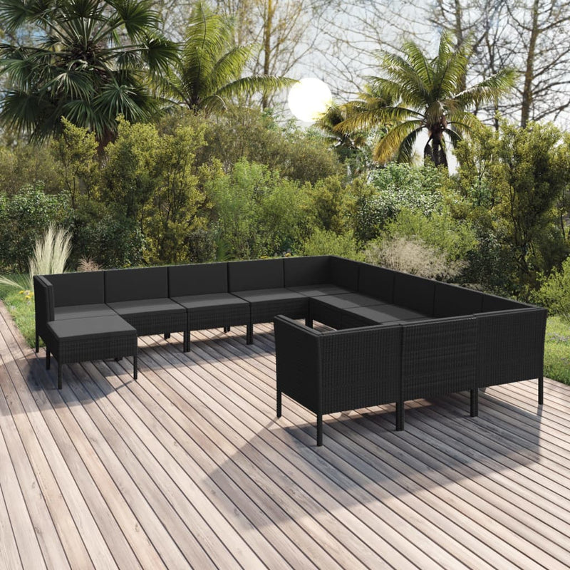 12-delige Loungeset met kussens poly rattan zwart MeubelReus