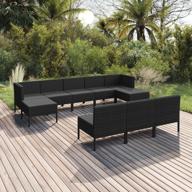 10-delige Loungeset met kussens poly rattan zwart MeubelReus