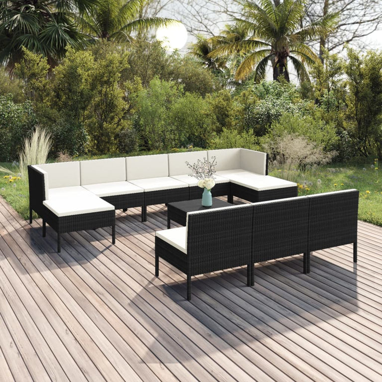 11-delige Loungeset met kussens poly rattan zwart MeubelReus