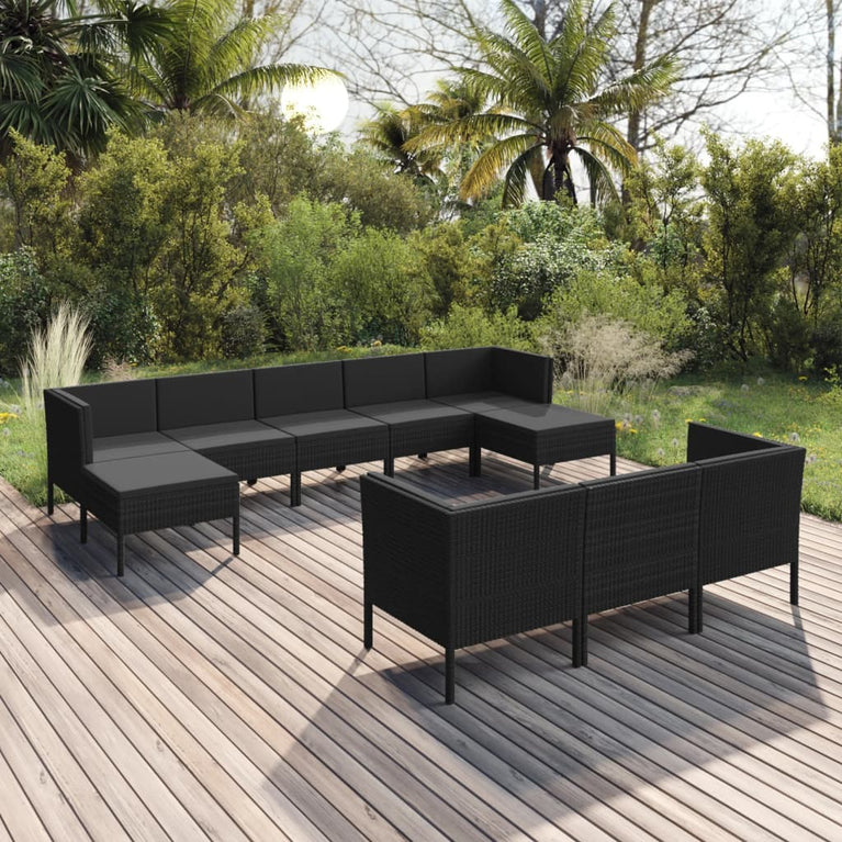 10-delige Loungeset met kussens poly rattan zwart MeubelReus