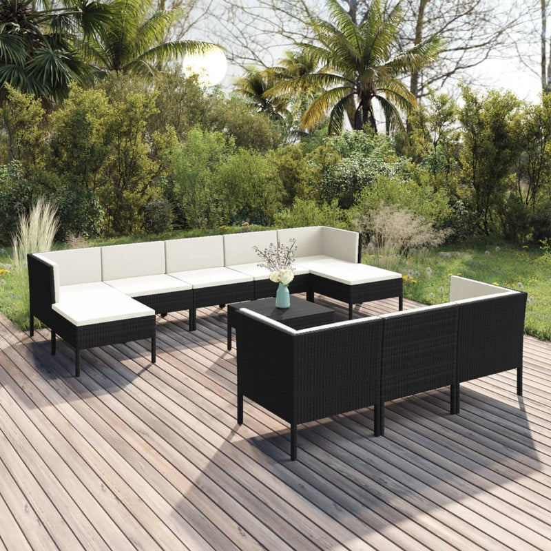 11-delige Loungeset met kussens poly rattan zwart MeubelReus