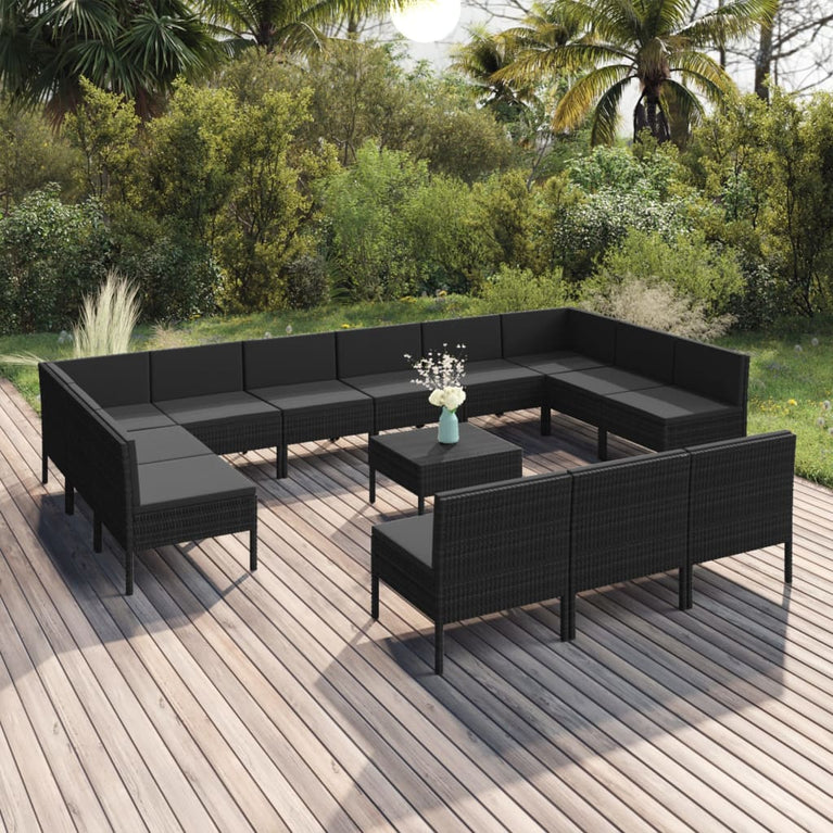 14-delige Loungeset met kussens poly rattan zwart MeubelReus