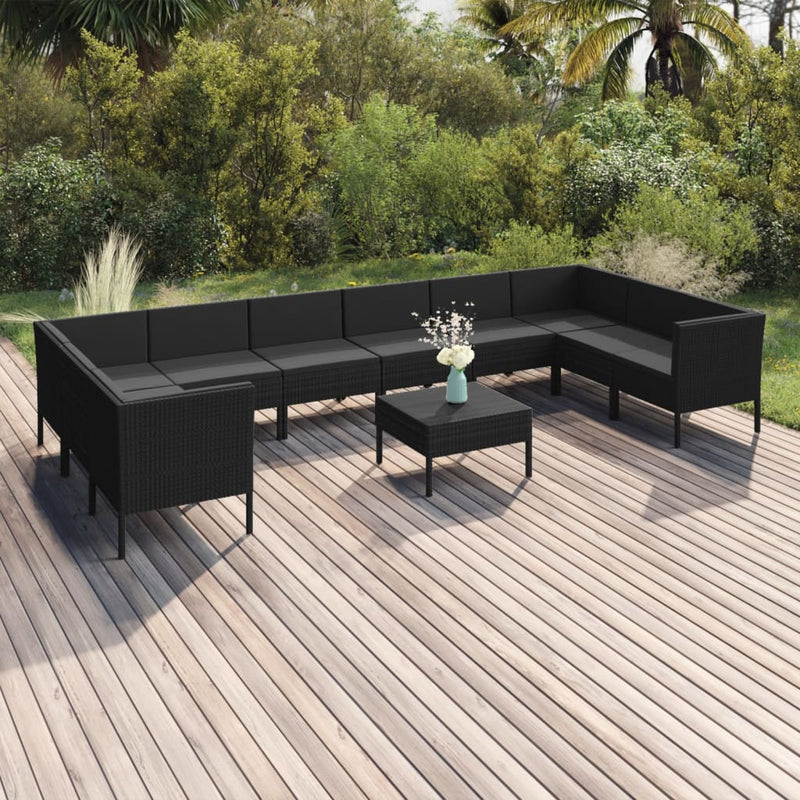 11-delige Loungeset met kussens poly rattan zwart MeubelReus