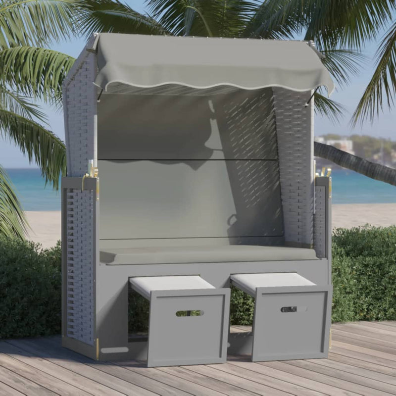 Strandstoel met luifel poly rattan en massief hout grijs MeubelReus