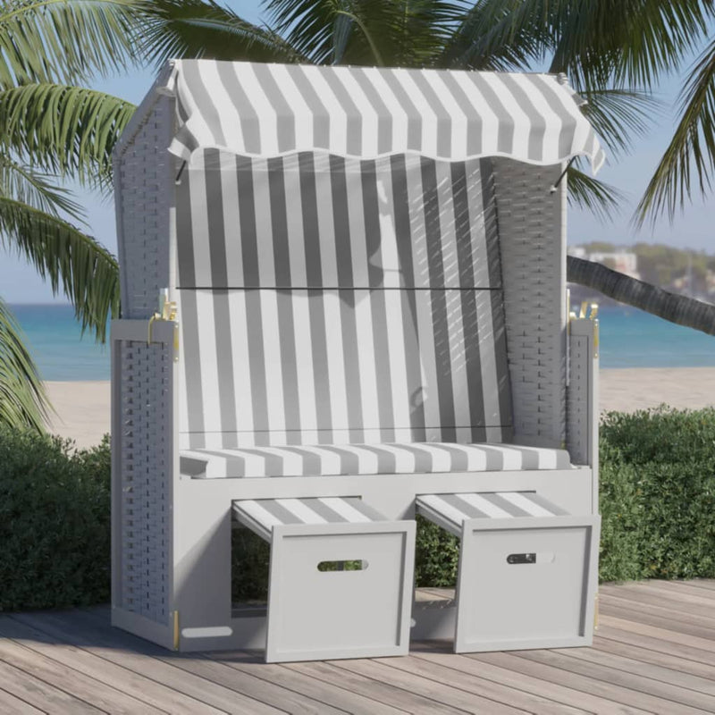 Strandstoel met luifel poly rattan en massief hout grijs en wit MeubelReus