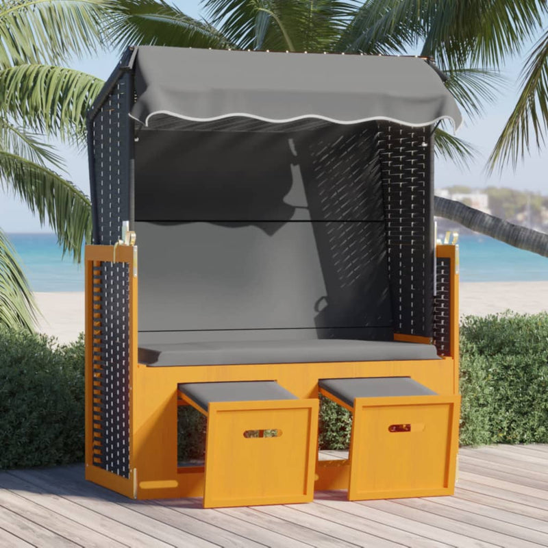 Strandstoel met luifel poly rattan en hout zwart en antraciet MeubelReus