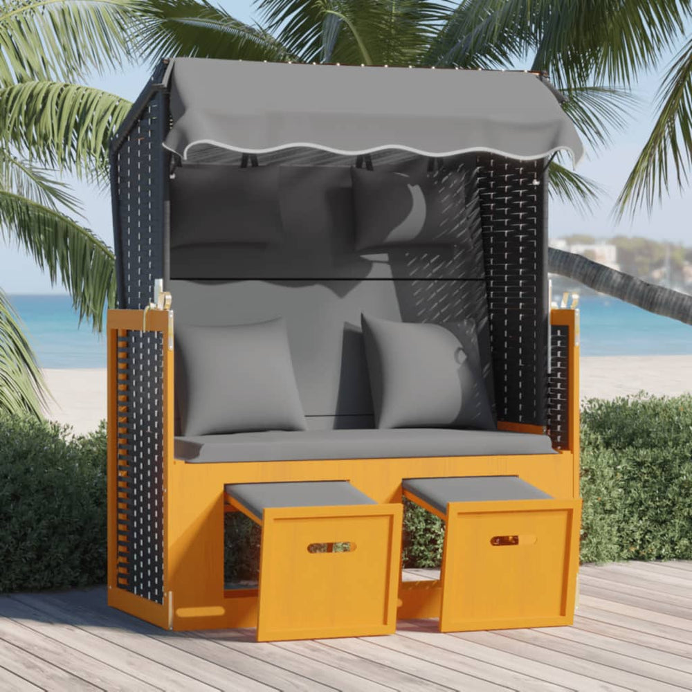 Strandstoel met kussen poly rattan en hout zwart en antraciet MeubelReus