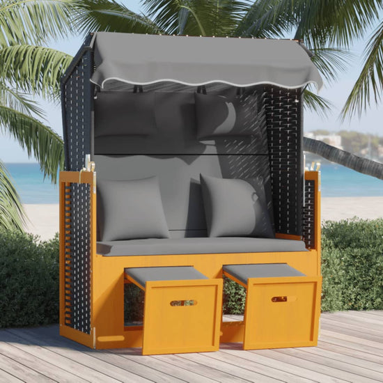Strandstoel met kussen poly rattan en hout zwart en antraciet MeubelReus