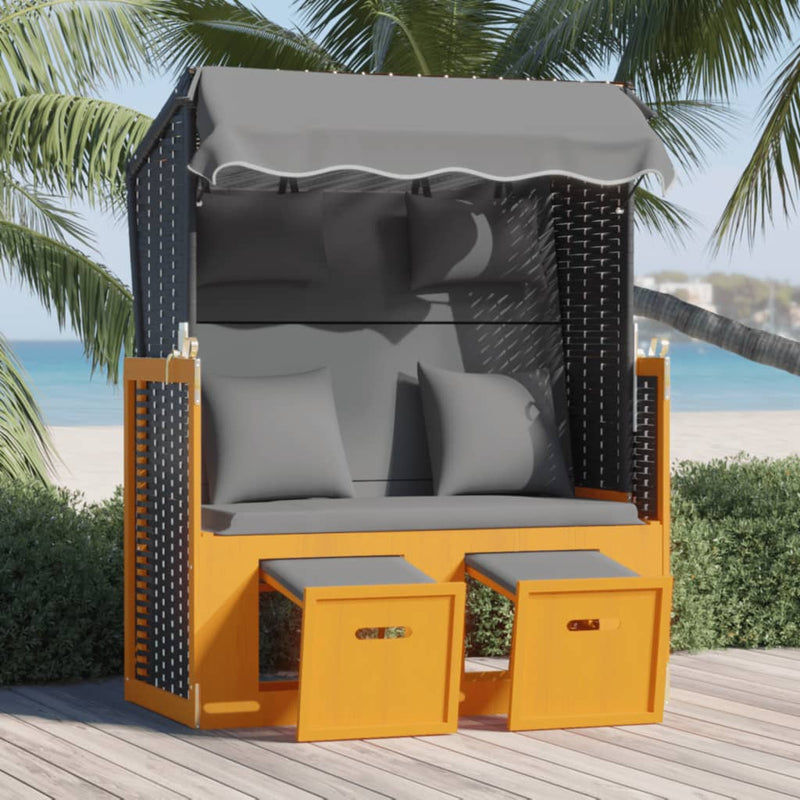 Strandstoel met kussen poly rattan en hout zwart en antraciet MeubelReus