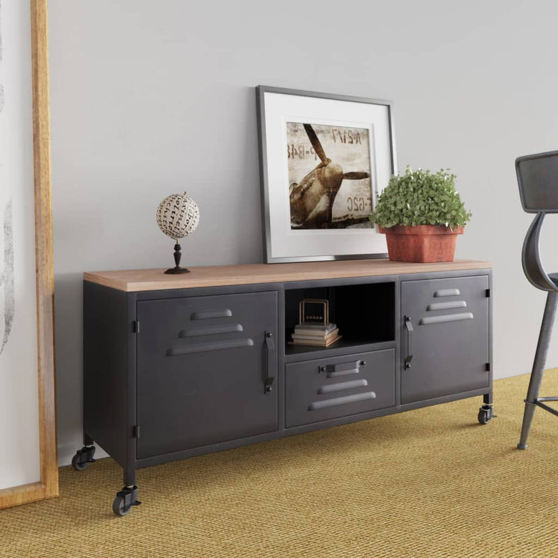 Tv-meubel 110x30x43 cm ijzer en massief vurenhout zwart MeubelReus
