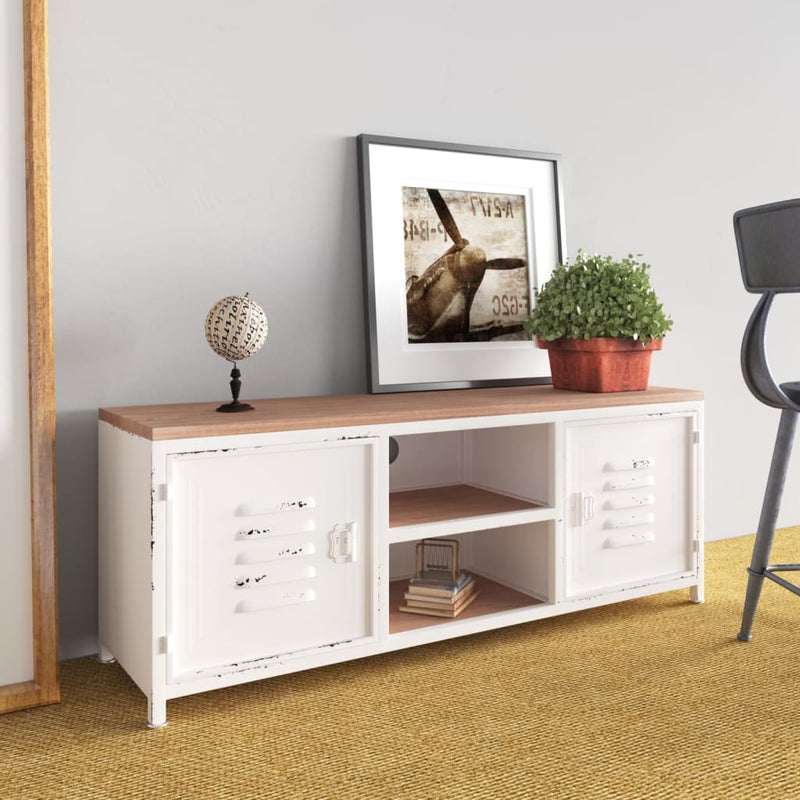 Tv-meubel 110x30x40 cm ijzer en massief vurenhout wit MeubelReus