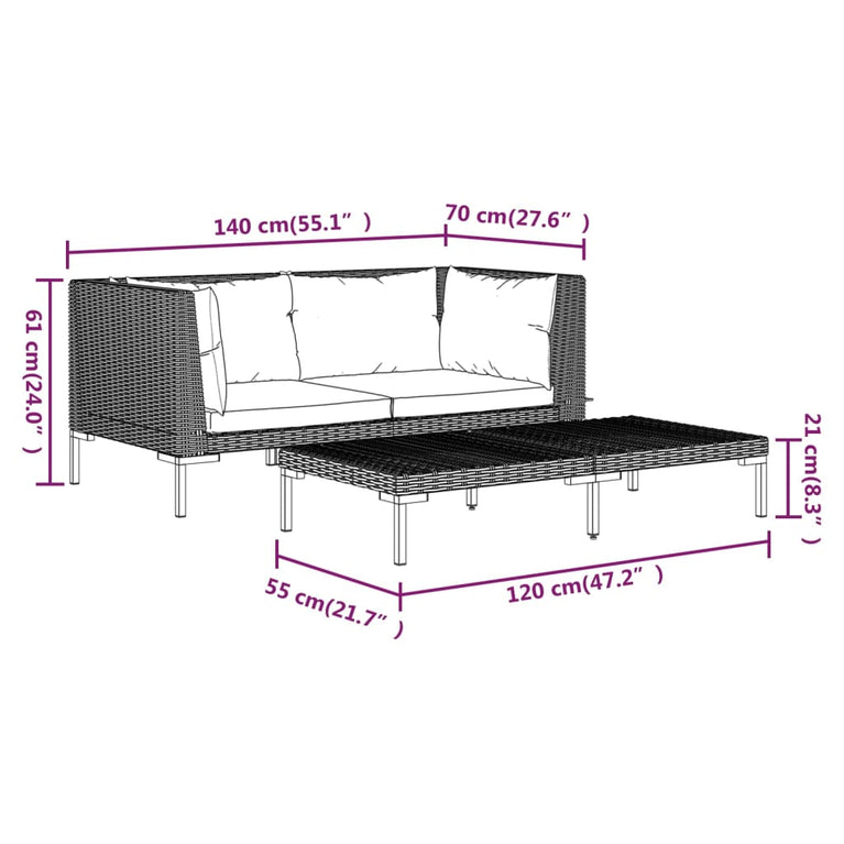 3-delige Loungeset halfrond poly rattan donkergrijs MeubelReus