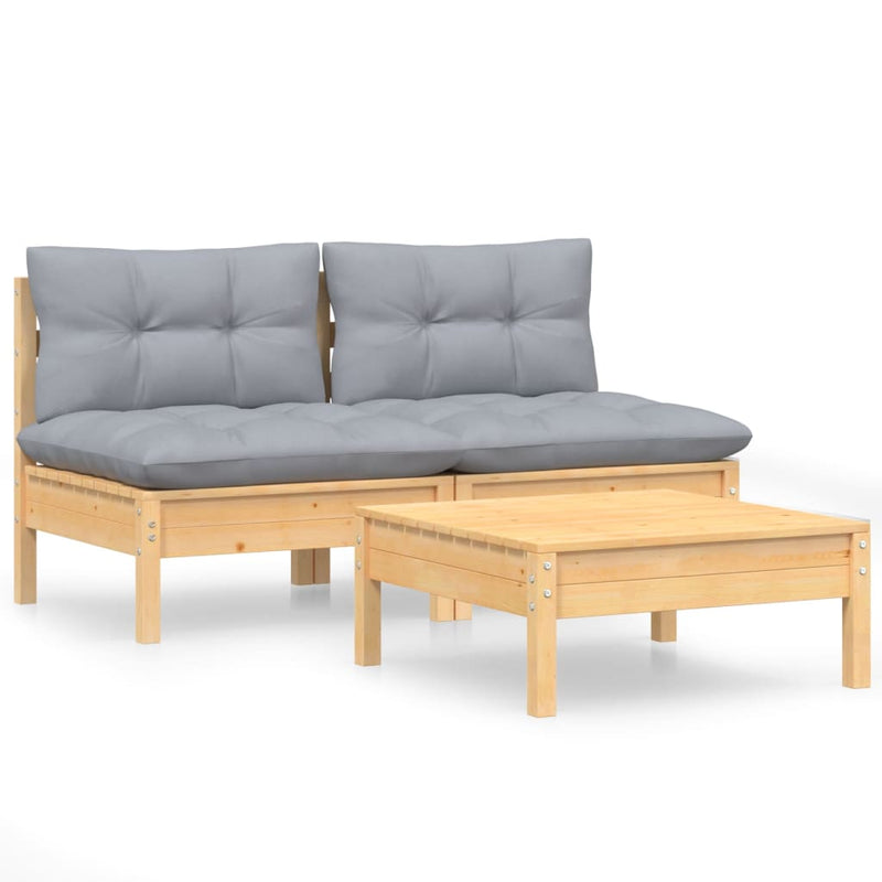 3-delige Loungeset met grijze kussens grenenhout