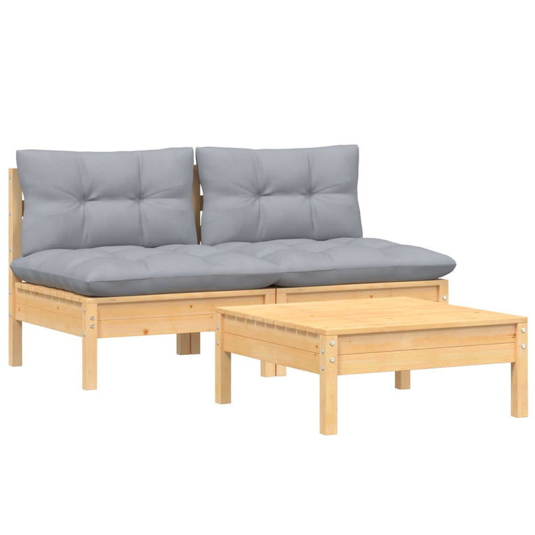 3-delige Loungeset met grijze kussens grenenhout