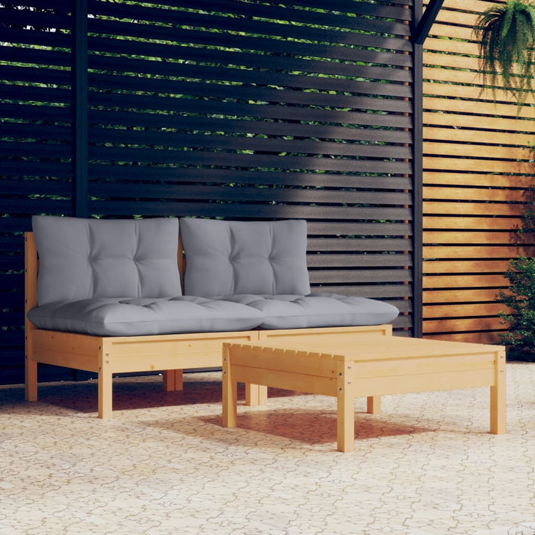 3-delige Loungeset met grijze kussens grenenhout