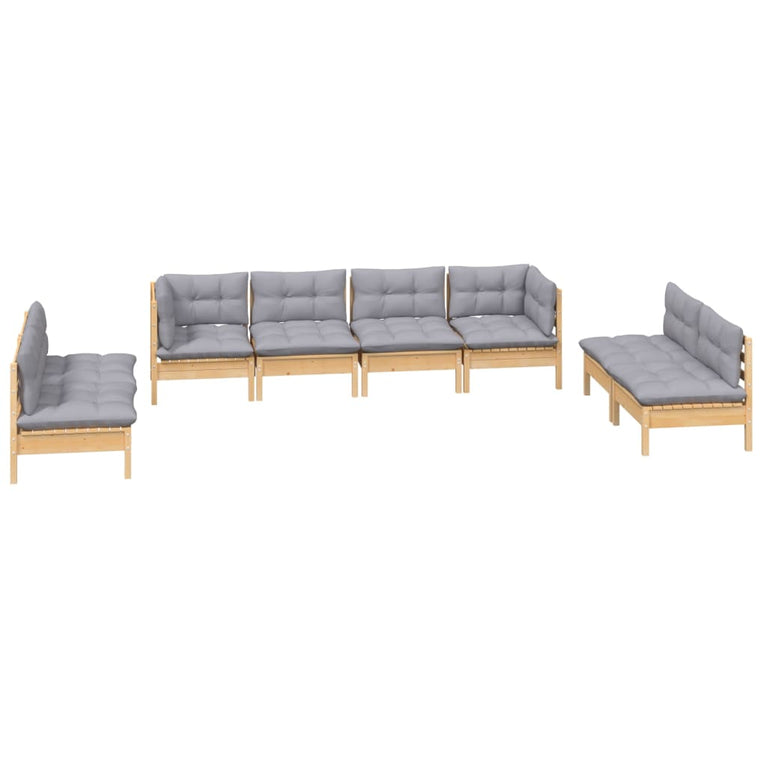 8-delige Loungeset met grijze kussens massief grenenhout