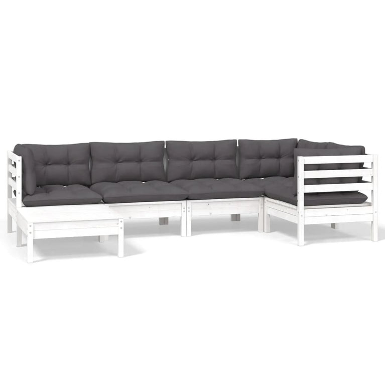 6-delige Loungeset met kussens massief grenenhout wit