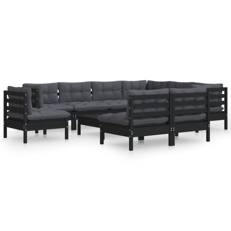 10-delige Loungeset met kussens massief grenenhout zwart