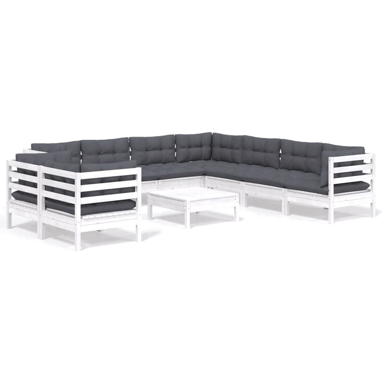 10-delige Loungeset met kussens massief grenenhout wit