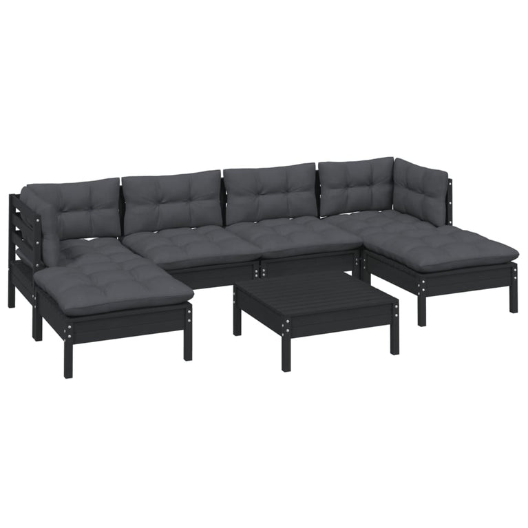 7-delige Loungeset met kussens grenenhout zwart