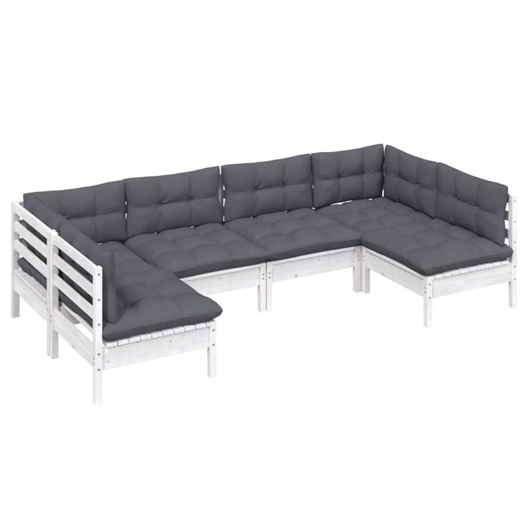 6-delige Loungeset met kussens massief grenenhout wit