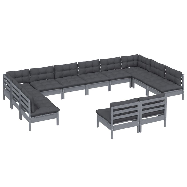 12-delige Loungeset met kussens massief grenenhout grijs