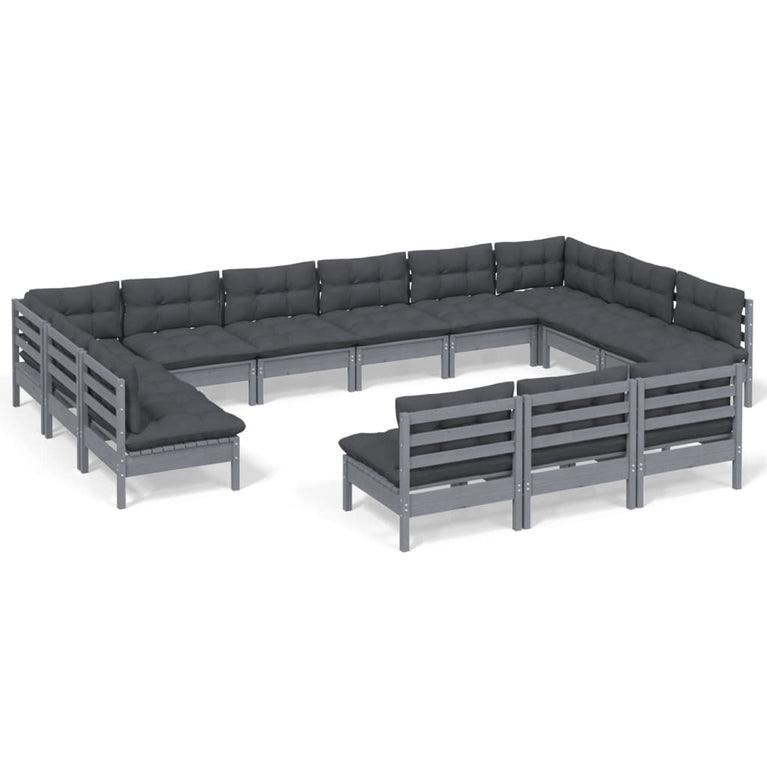 13-delige Loungeset met kussens massief grenenhout grijs