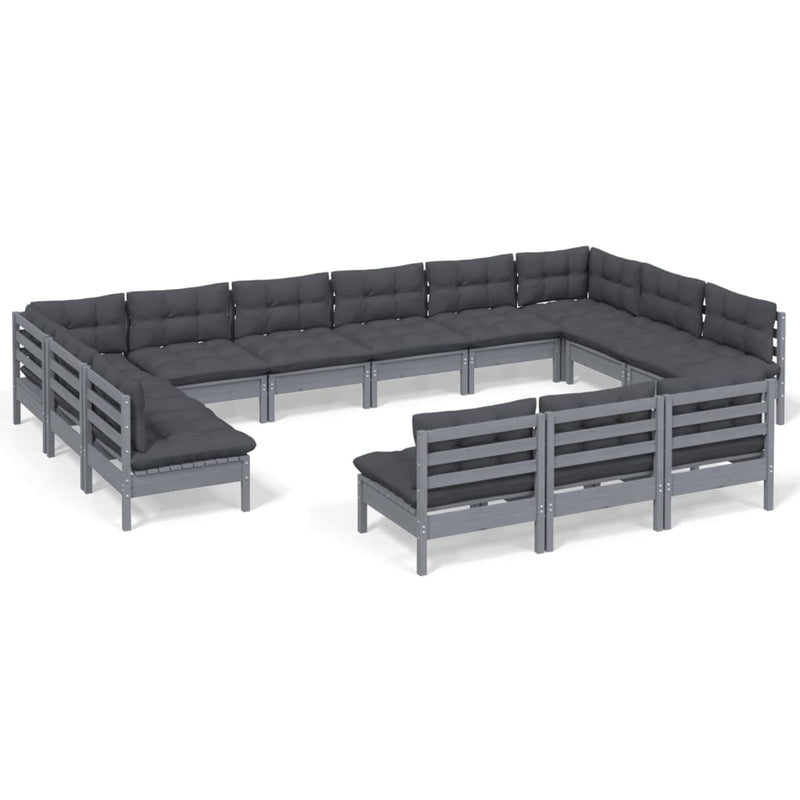 13-delige Loungeset met kussens massief grenenhout grijs
